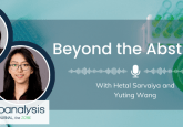 "An image of a rack of test tubes overlaid by a banner with the podcast title and headshot image of the interviewee."