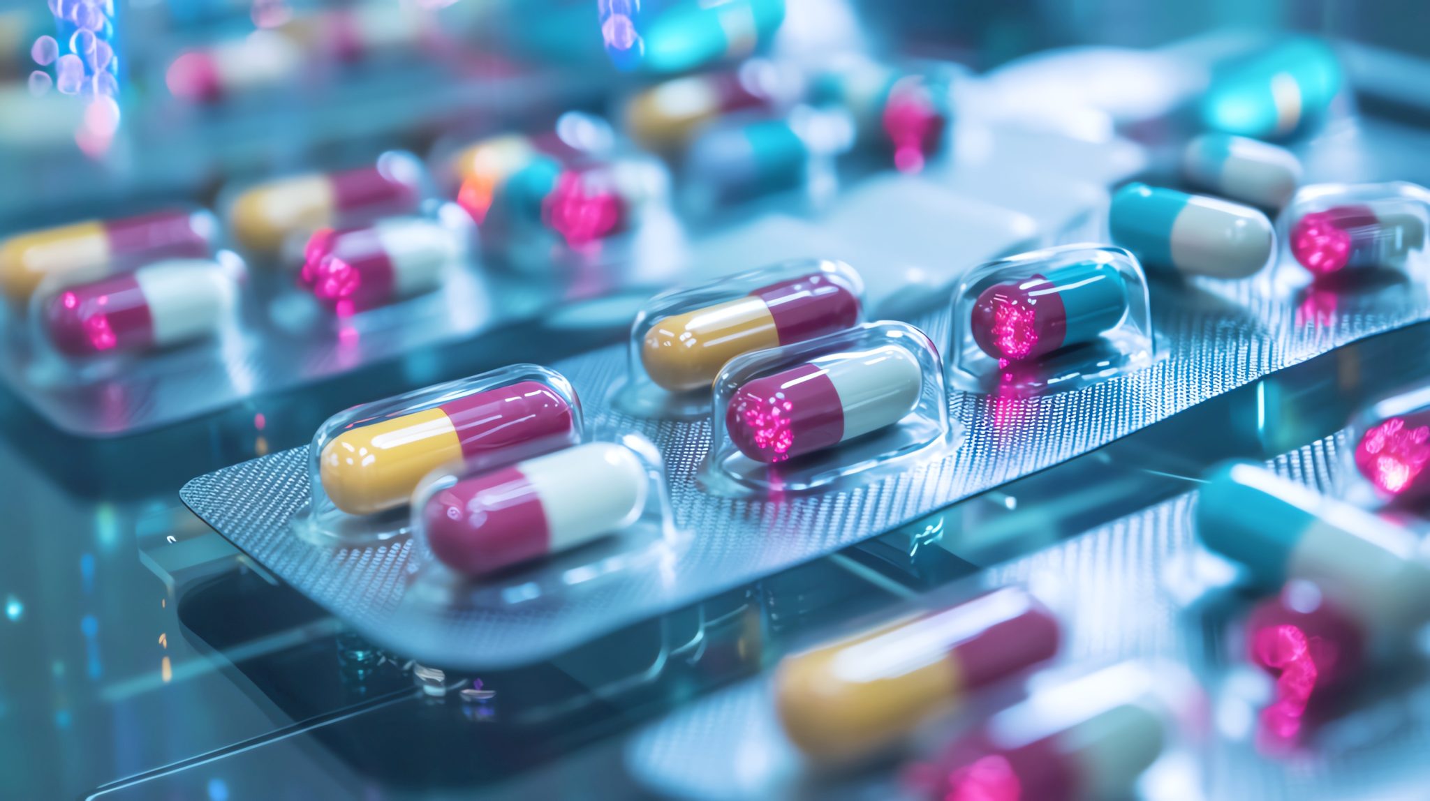 "A packet of six capsule pills in different colors."